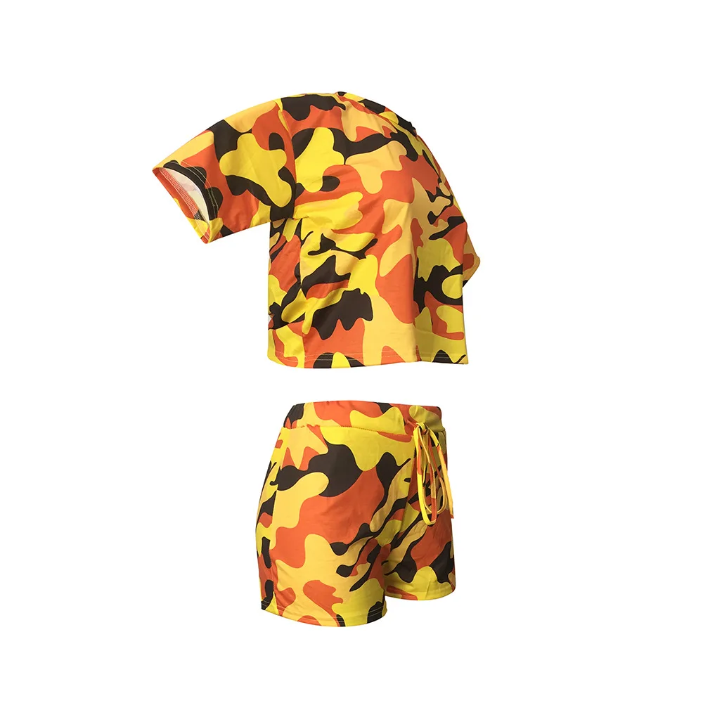 

Casual Outfit Women Short Sleeve Camouflage Top and Lace Up Shorts Wholesale Home Wear Lounge Outfits Two Piece Set Dropshipping