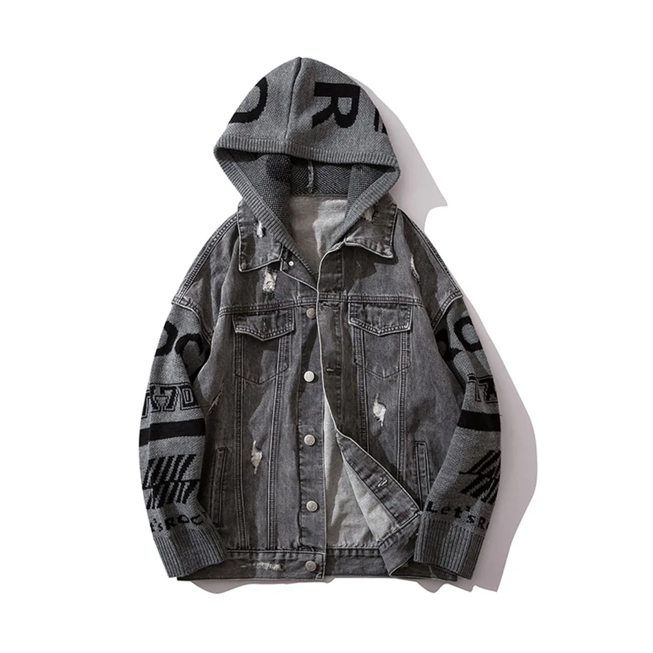 Мужская джинсовая куртка с капюшоном в стиле хип хоп длинным рукавом новинка