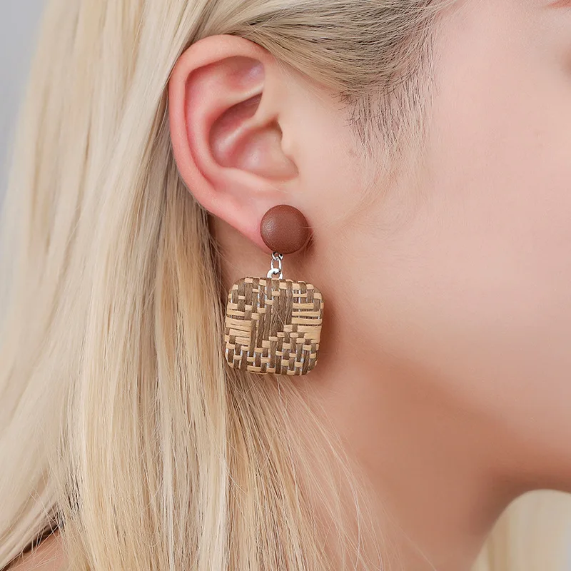 Креативные плетеные квадратные серьги подвески в этническом стиле модные ретро