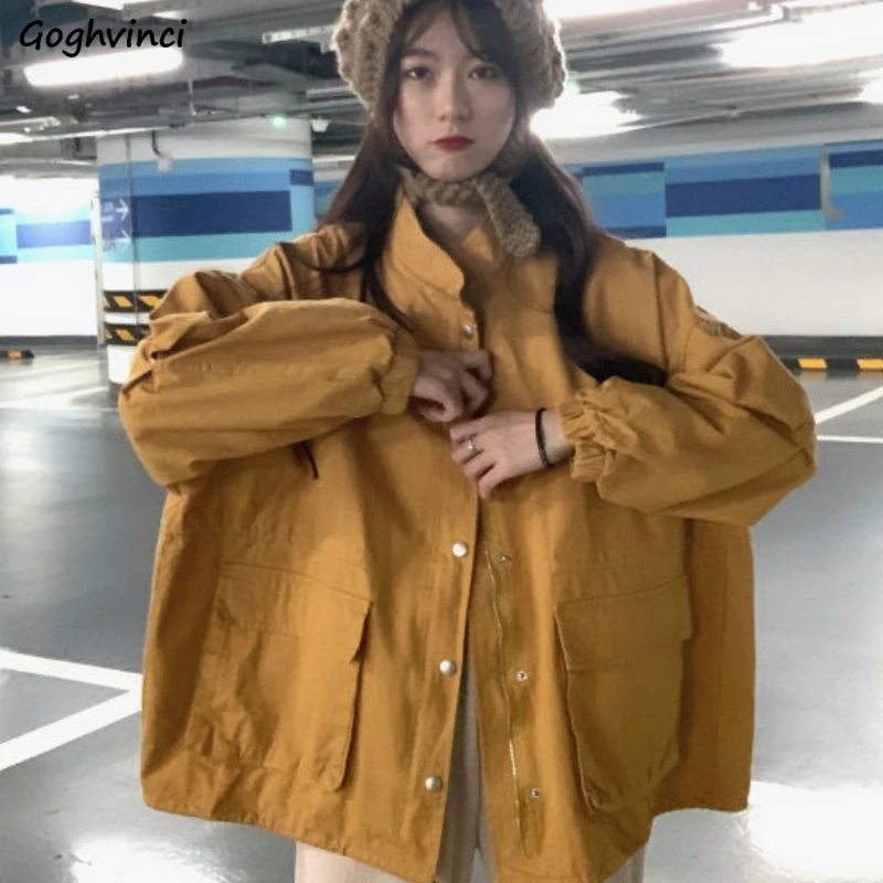 

Basic Jackets Women Solid Stand Collar Long Sleeve Cargo Chic Ulzzang Autumn Vintage Retro Outwear Korean Style Fashion Casual