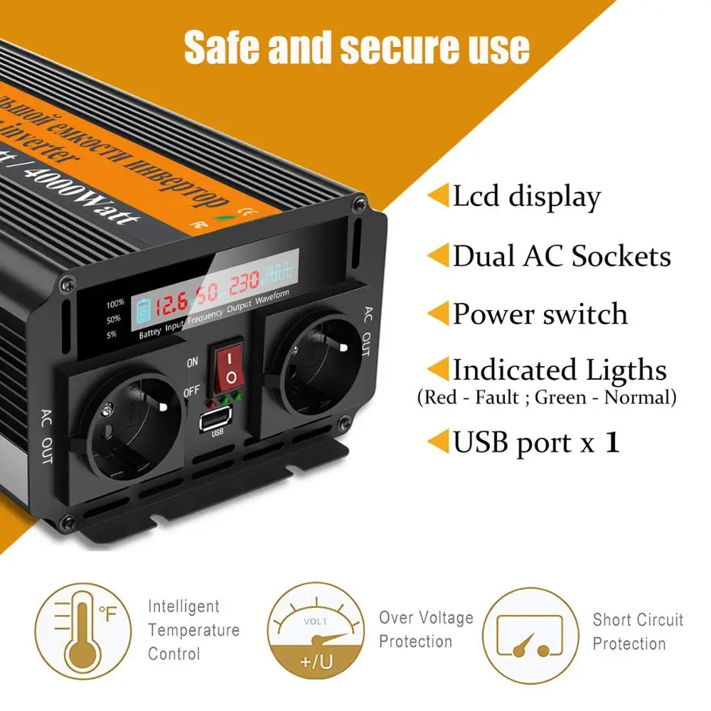 Inverter 12V 24V 2000W 4000W Voltage transformer Modified Sine Wave Power DC to AC 220V Converter LED Display+USB | Автомобили и