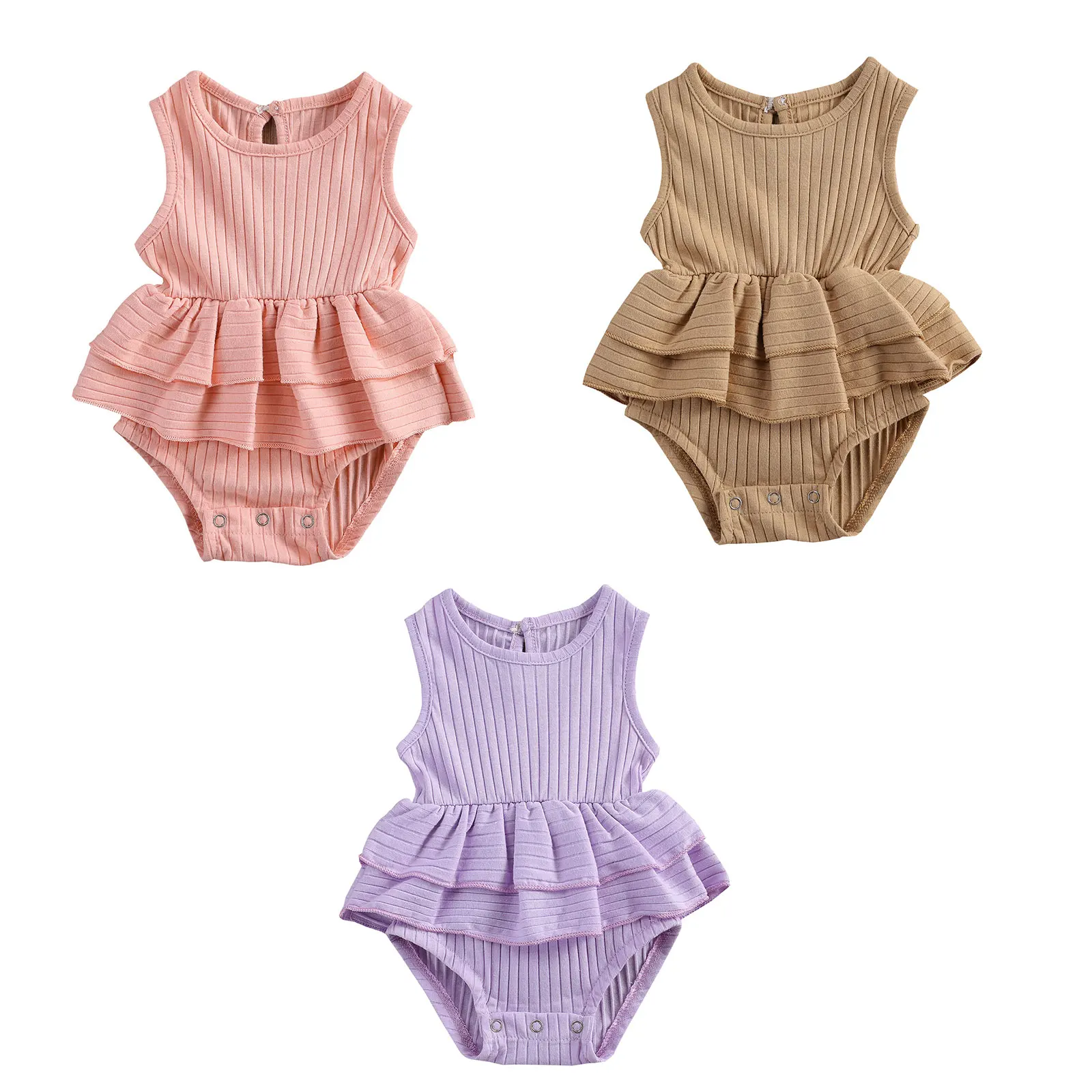 

2021 Hot Sale Fashion Newborn Casual Ribbed Romper Toddler Loose Sleeveless Round Neck Layered Playsuit Summer Romper wholeslae