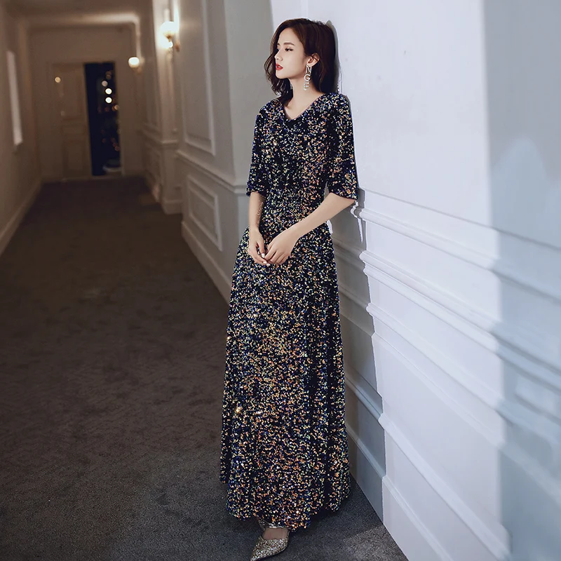 

Elegant O-neck A-line Floor-length Sequined Prom Dresses With Half Sleevs 2020 Long Women Formal Gowns Plus Size