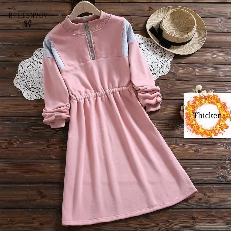 Женское платье на завязках с поясом и молнией спереди розовое модное зимнее