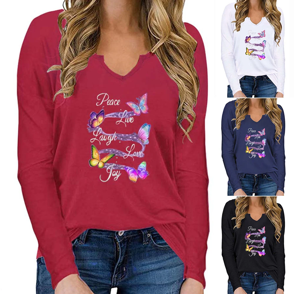 

#w Autumn Printed Women T-Shirts V-Neck Long Sleeve Tee Tops Black Red White Blue Casual Lady Creative Clothing Fall Tops