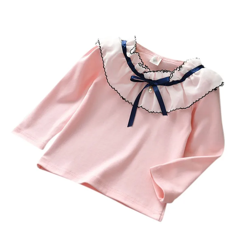 Рубашки для девочек осенняя хлопковая рубашка с кружевным бантом маленьких топы