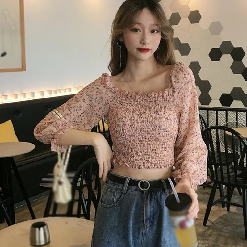 

Women Floral Print Chiffon Blouses Summer Puff Sleeve Pleated Shirts Casual Square Collar Blusas