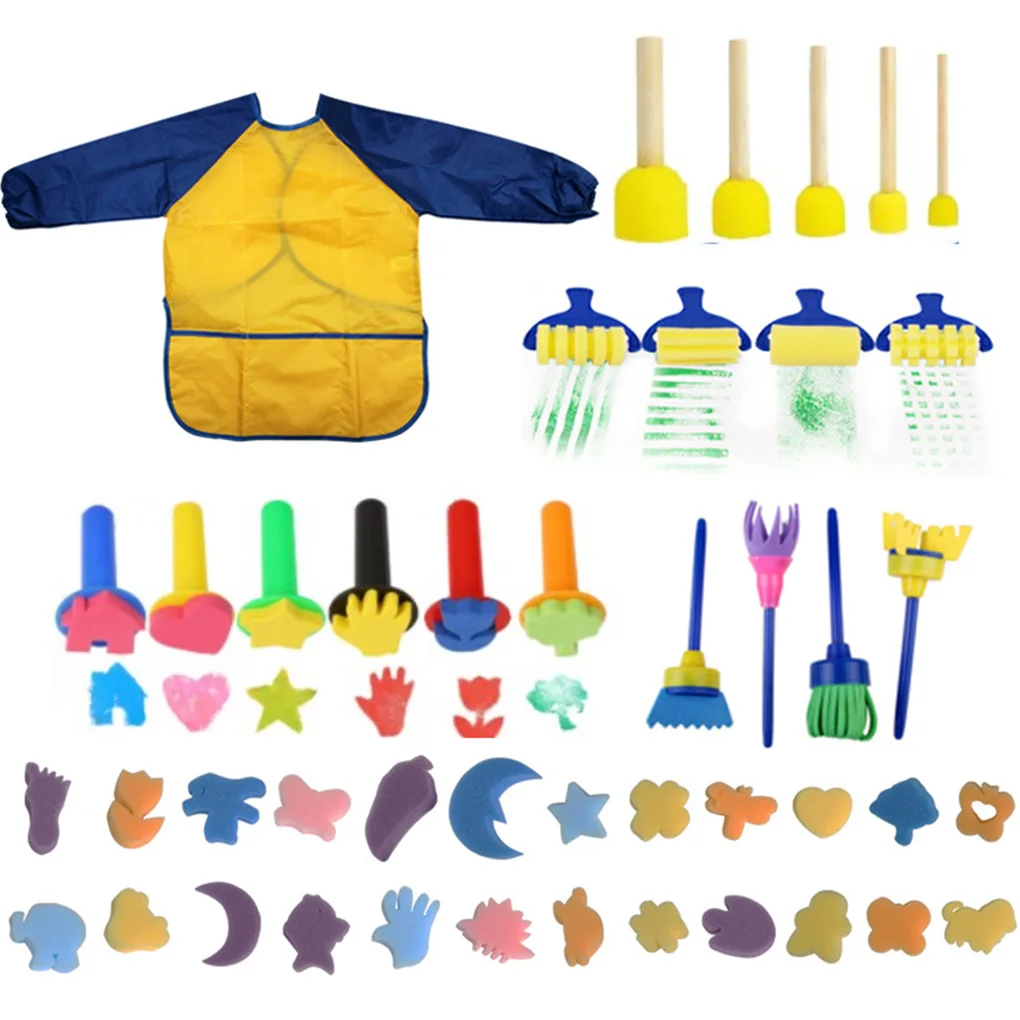 

42/44pcs Sponge Painting Brushes Kit Mini DIY Painting Kits Early Learning Kids Paint Set Roller Sponge Brush Child Apron Gift