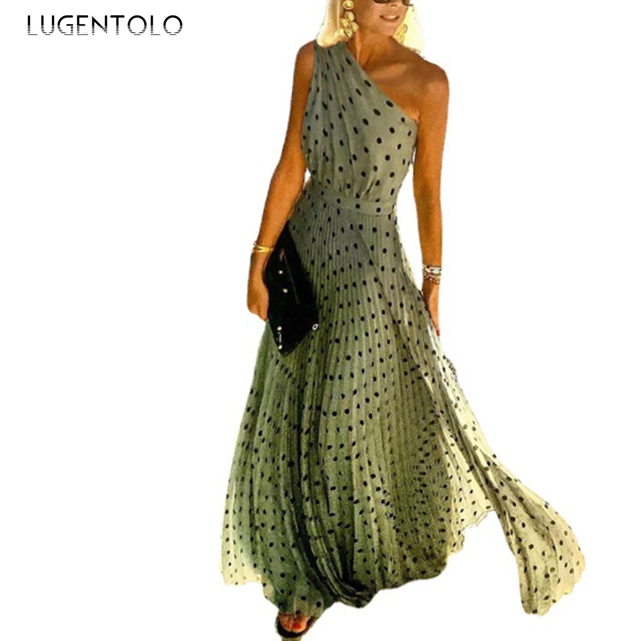 

Lugentolo Sexy Dress Women Summer Oblique Shoulder Sleeveless Dot Print Female Pleated Summer Thin Empire Street Long Dress