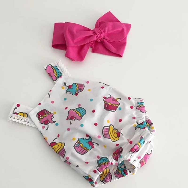 

Cute Newborn Baby Girl Clothes Ice Cream Print Sleeveless Rompers Headband 2pcs Summer Outfit Sunsuit 0-24M