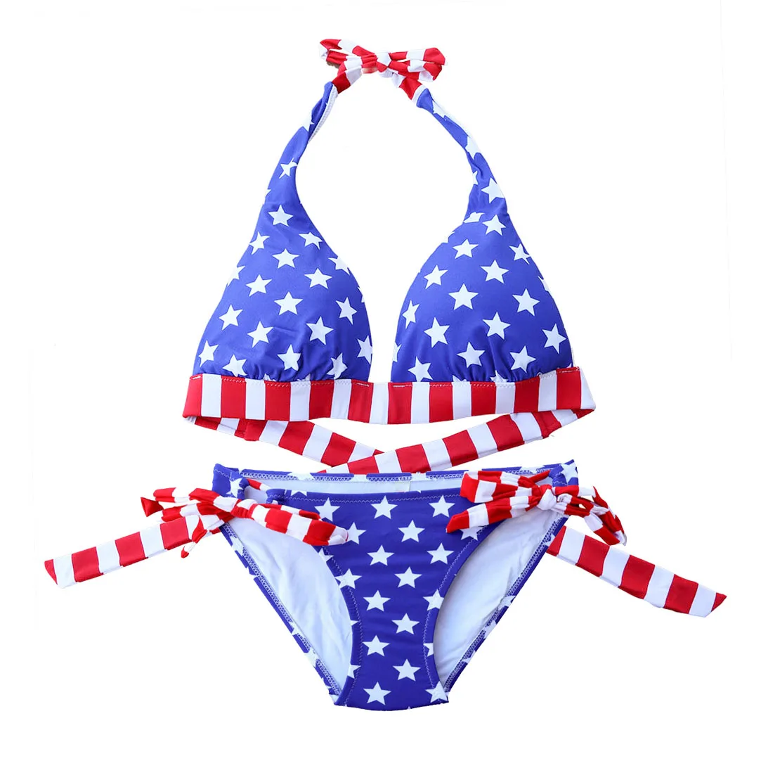 Women Sexy Triangle Bikini Top And Bottom Girl Brand Bathing Suits Swimming Wire Star Flag Mix TOPS Swimsuit Bikinis Up