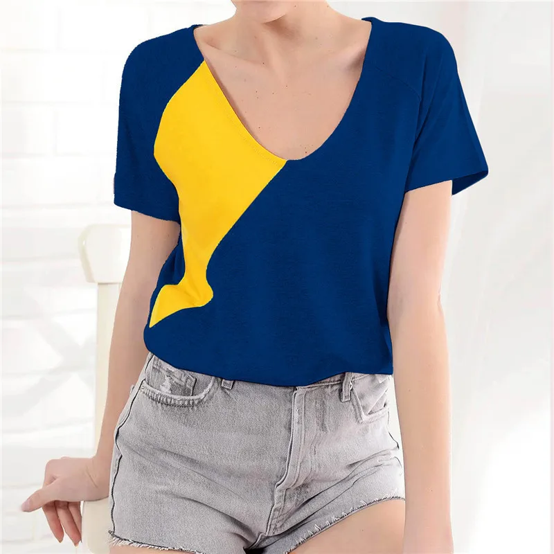 

Summer Contrast Color Splicing T-shirt Women Leisure Round Neck Short Sleeve Lady Top Plus Size Roupas Feminina Rz*