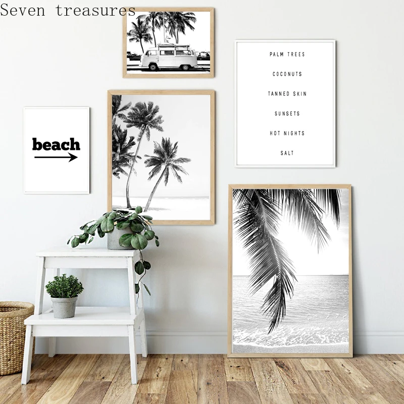 

Black and White Beach landscape Canvas Painting Palm Trees Home Living Room Wall Decoration Posters And Prints Wall Pictures
