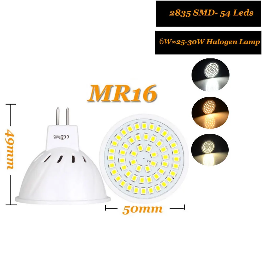 220V SMD 2835 Led Spotlights 4W 6W 8W 36 54 72LED Warm Cold Warm White MR 16 LED Lamp For Home 10x MR16 12V-24V LED Bulbs Light