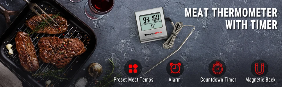 la Sonda de Acero inoxidable ThermoPro TP16 Termómetro digital de Cocina Carne Alimento para Barbacoa Horno Leche Parrilla con Temporizador y Alarma 
