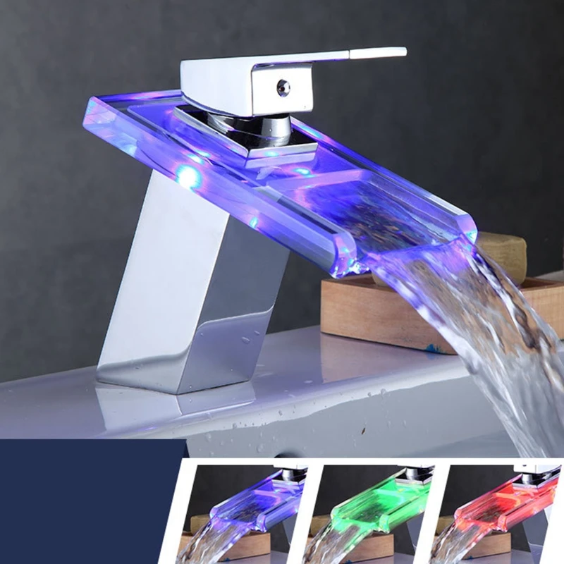 

LED Waterfall Faucet FantasyLED Glass Spout Basin Faucet 3 Colors Changing Single Handle 1 Hole LED Bathroom Sink Faucet