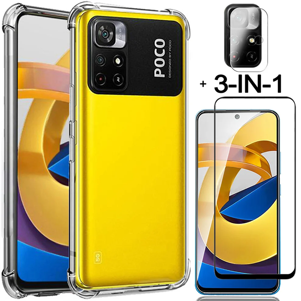 

3-in-1, case for poco m 4 pro shockproof silicone phone cases poko f3 m3 pro xiaomi poco x3 nfc glass cover poco m4 pro 5g case