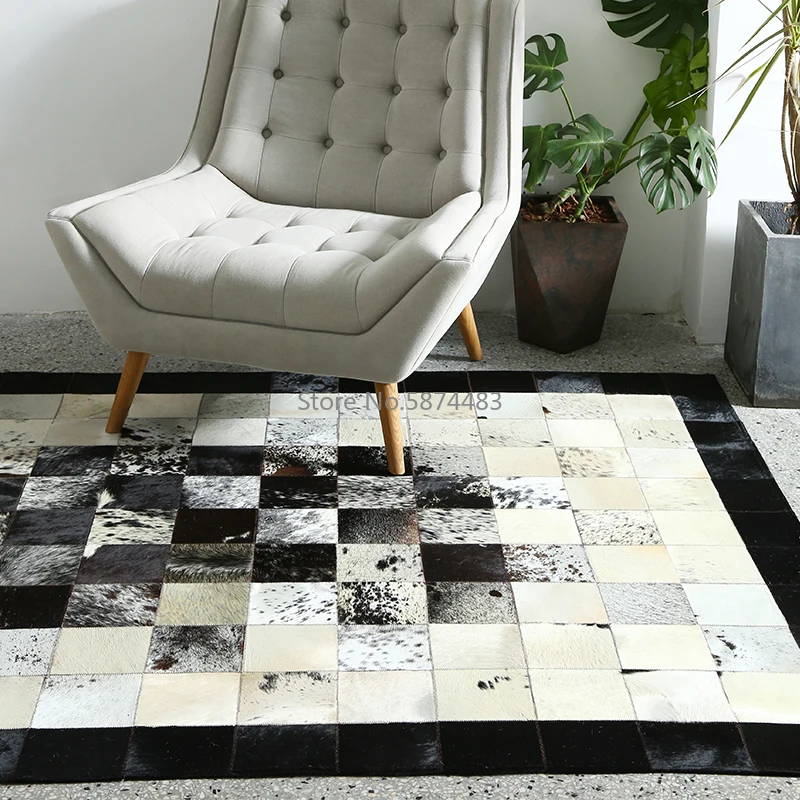 

Black and white luxury cowhide patch work rug,big size natural cow skin fur carpet for living room decoration office carpet