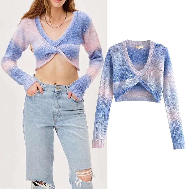 

Женский трикотажный свитер Za, Повседневный пуловер с длинным рукавом и V-образным вырезом, трикотажный свитер в винтажном стиле, Осень-зима ...