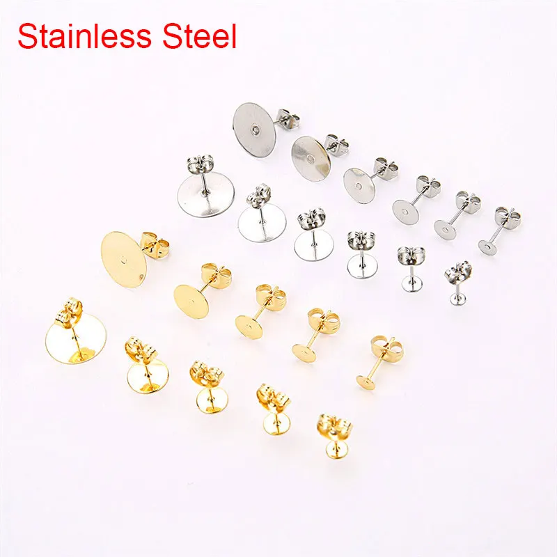 

20/50pcs Stainless Steel Earring Blank Base 10 12mm Cabochon Base Settings Ear Post With Earring Stopper Jewelry Making Finding