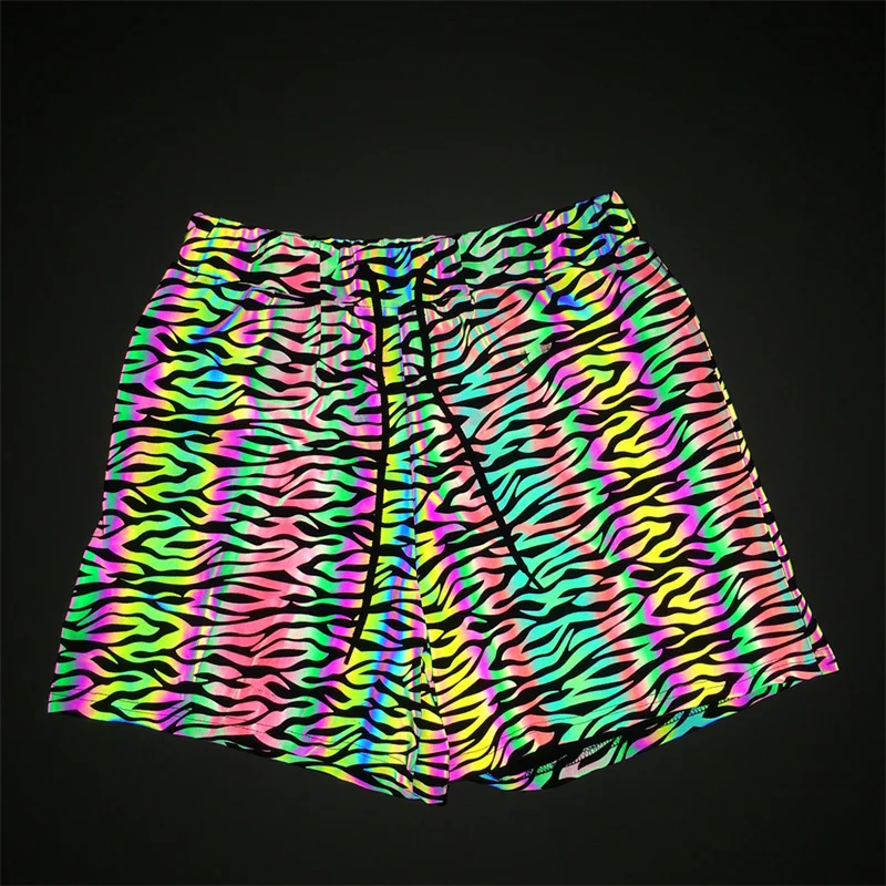 

Ousefu Laser Colorful Reflective Men's Stripe Shorts Knitted Lacing Breathable Loose Large Size Outdoor Cycling Surf Beach Pants