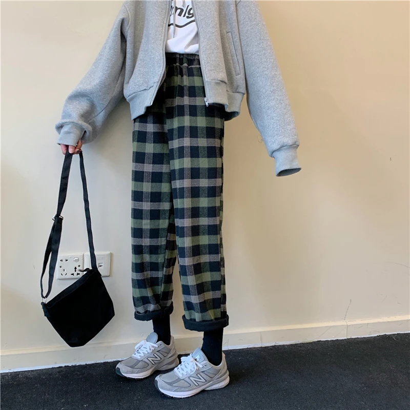Mooirue для женщин Harajuku плед Длинные брюки с высокой талией зима весна утолщение