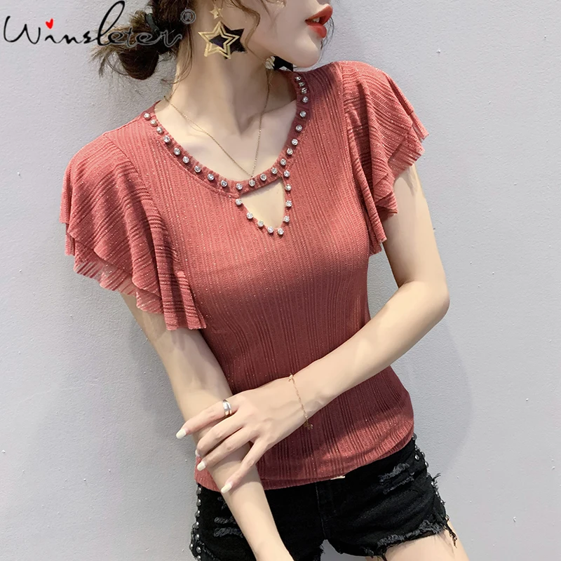 

Женская футболка с коротким рукавом, облегающая футболка с вырезами и блестящими бусинами, модель T13604A на лето, 2021