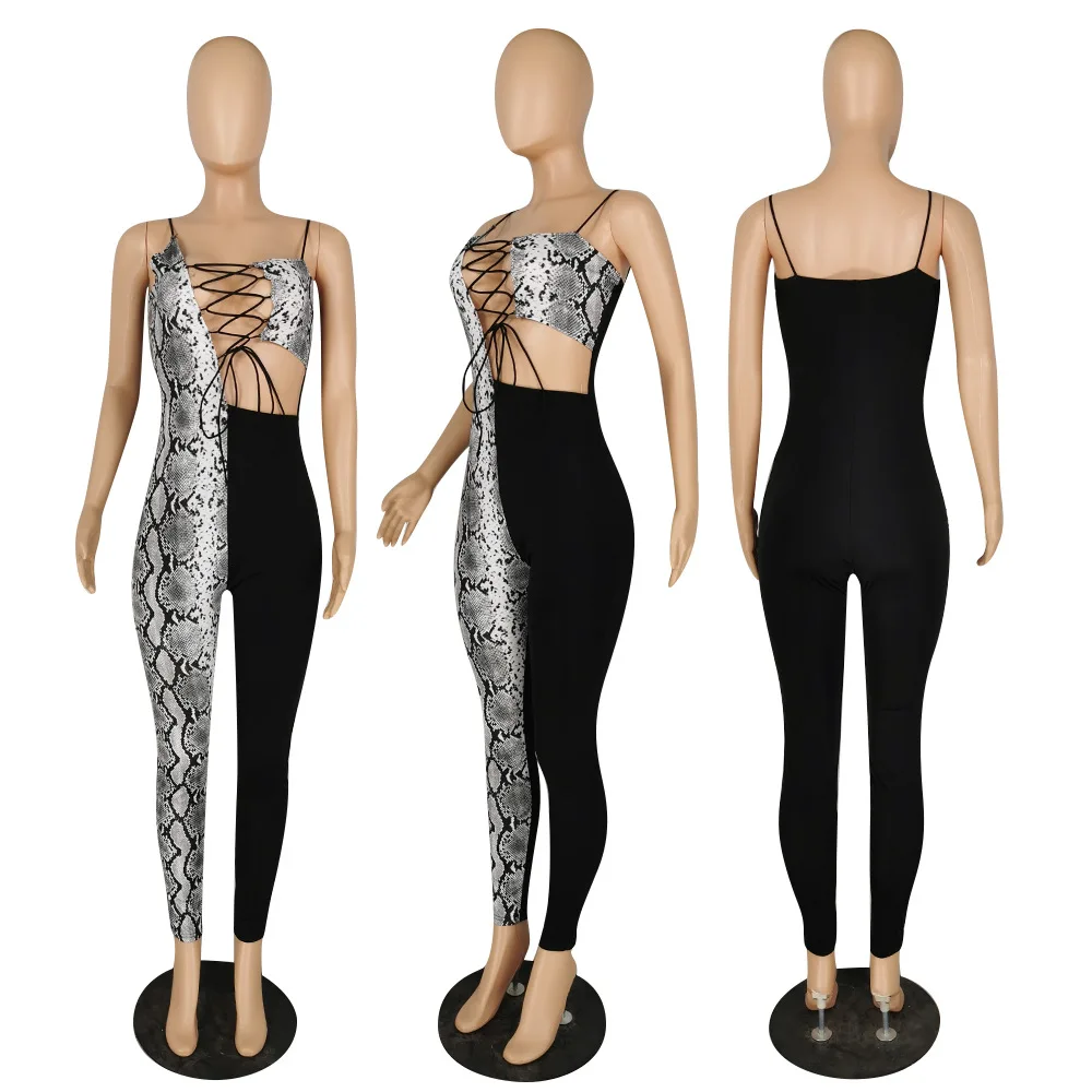 

2020 hot sale snake skin printed summer jumpsuit women festival clothes sleeveless hollow out high waist sexy romper party wear