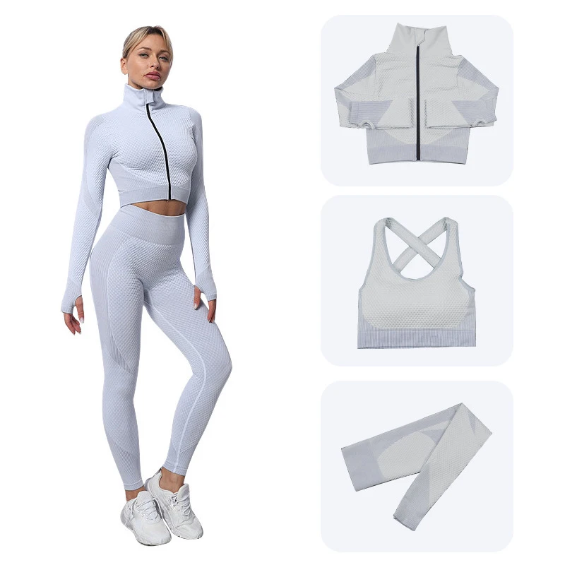 

2/3Pcs Seamless Women Yoga Set Workout Sportswear Gym Clothing Fitness Long Sleeve Crop Top High Waist Leggings Sports Suits