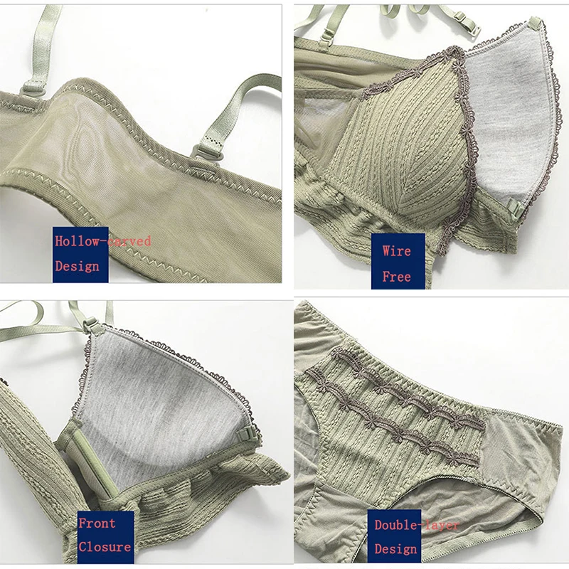 

Elovegirl Lightweight Front Buckle Triangle Cup Underwear Women No Steel Ring Small Chest Gather Adjustable Bra Deep V Sexy Set