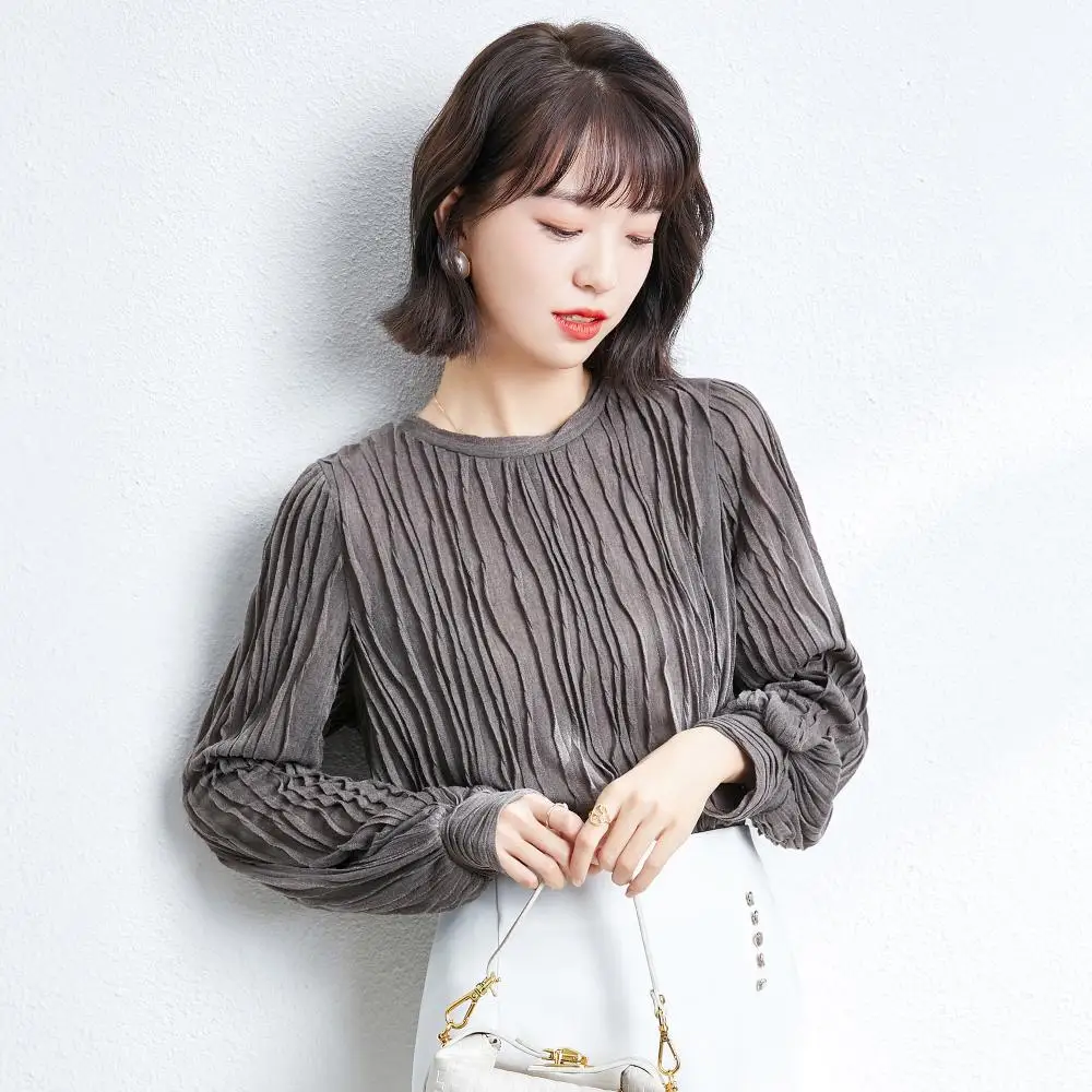 

Long-sleeved T-shirt pleated spring 2021 new women's Korean style top clothes Western style bottoming shirt