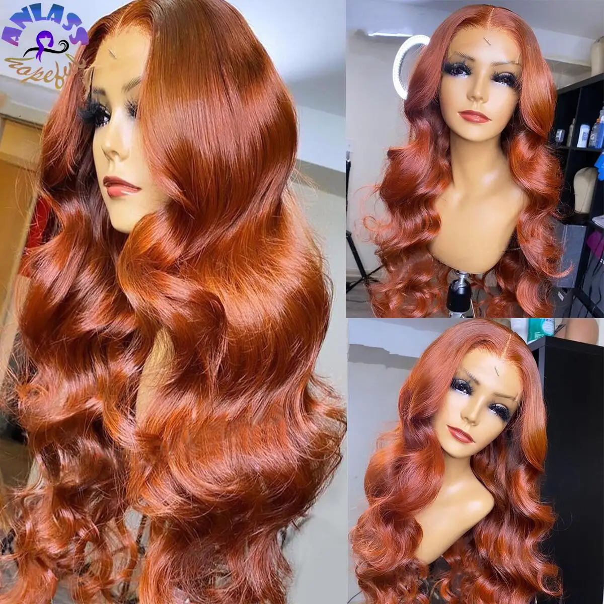 

180% Density Glueless Body Wave Wig Orange Ginger Lace Front Synthetic Hair Wig For Women Heat Resistant