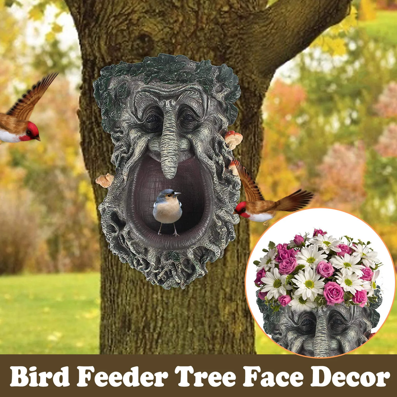 

Outdoor Hanging Bird Feeder Tree Face Wild Bird Feeder Tree Garden Art Garden Sculpture Decoration Bird Feeder Big Mouth Decor