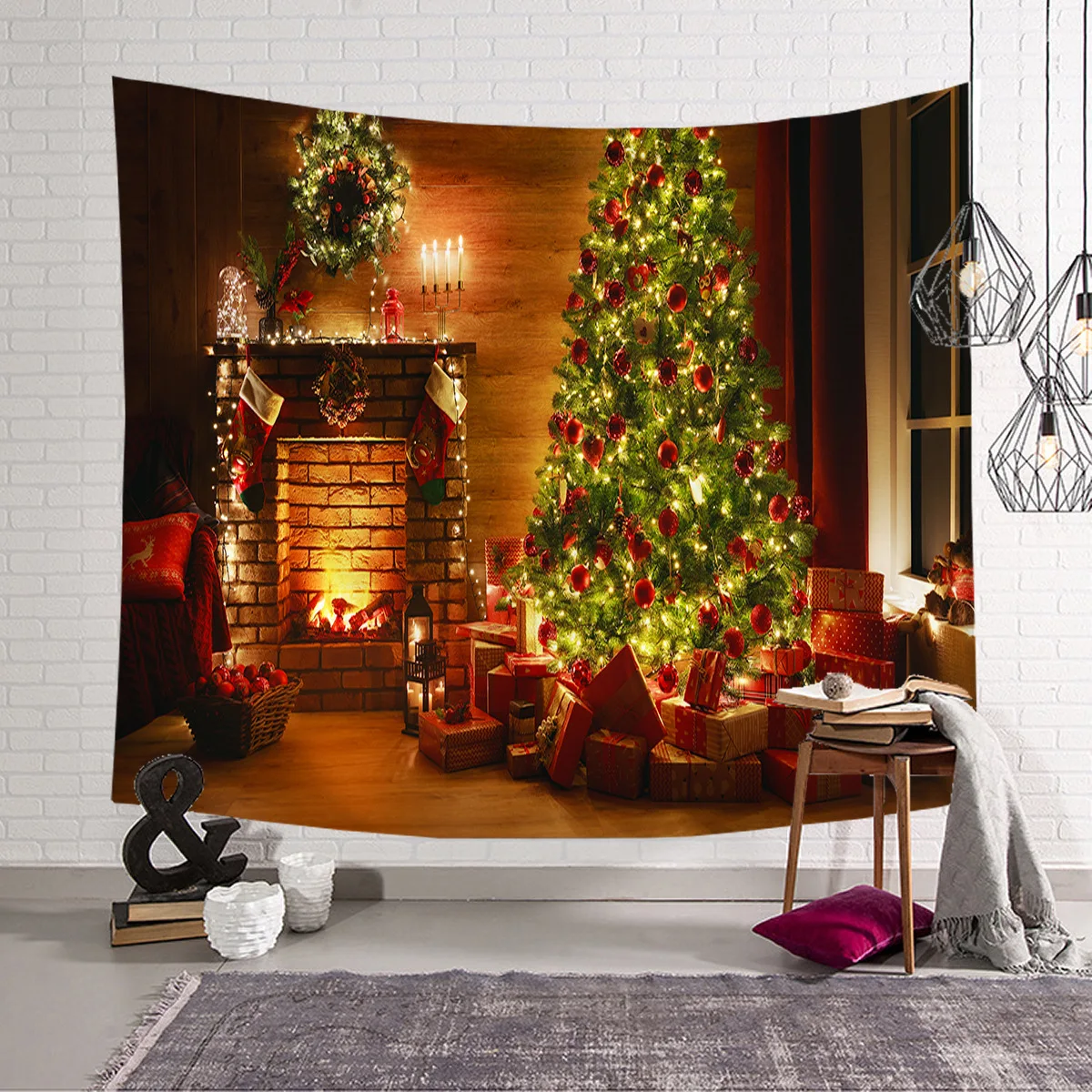 

3d Digital Print Christmas Tree Tapestry Fireplace Warm Family Wall Hanging Backdrop Home Room Decoration Xmas Gift