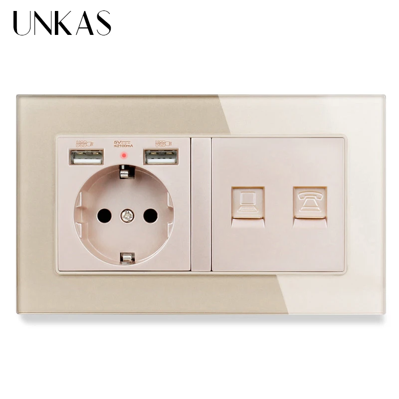 UNKAS кристальная закаленная панель настенная розетка стандарта ЕС с 2 usb-портом для