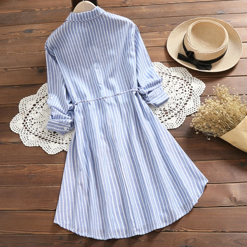 Женское платье рубашка весна осень повседневное в полоску хлопковое льняное