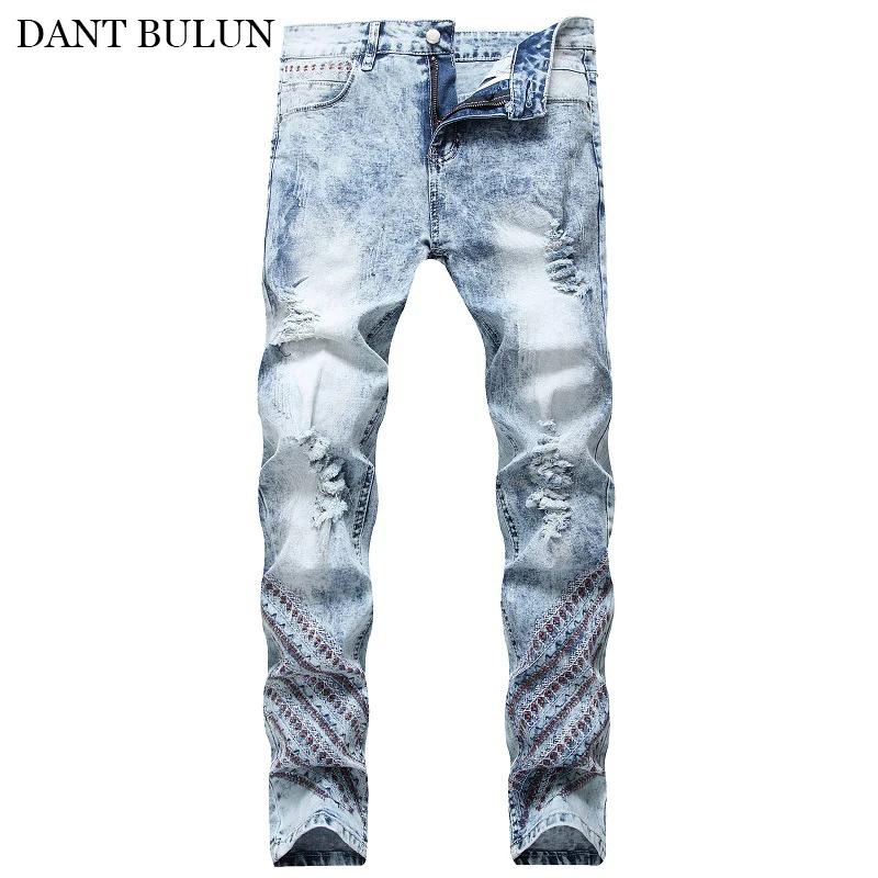 

Мужские джинсы Homme, джинсовые рваные Стрейчевые брюки, облегающие повседневные брюки, джинсы с вышивкой для мужчин, брюки-карандаш в стиле х...