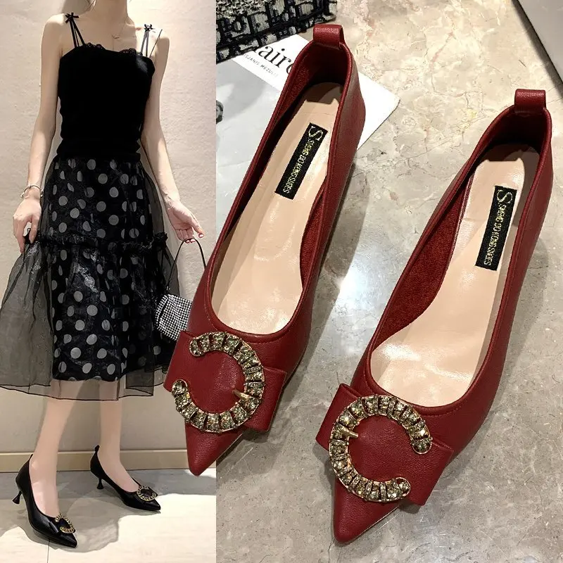 

Women's Shoes Fashion Office Lady Rhinestone Letter C Decoration High Heels 2021 Female Pointed Toe Slip-On Red Pumps Wedding