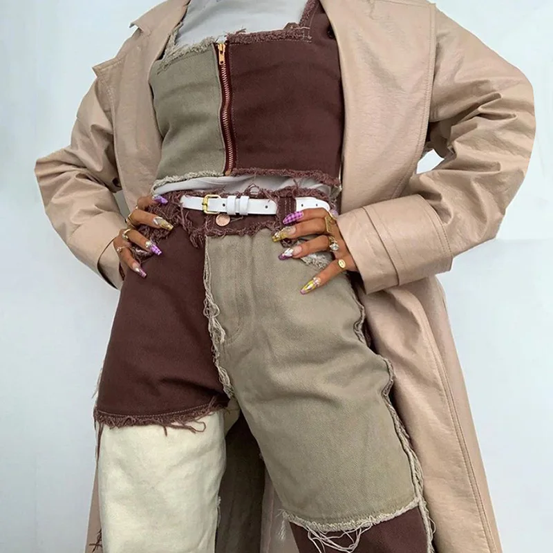 

2021 Autumn Women Cowboy Striped Patchwork Street Casual Hip Hop High Waist Loose Straight Jeans Pants Mujer Fashion Straight