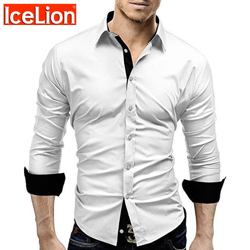 

IceLion 2021 Spring Long Sleeve Shirt Men Hit Color Slim Fit Dress Shirts Fashion Casual Black White Camisa Masculina Plus Size