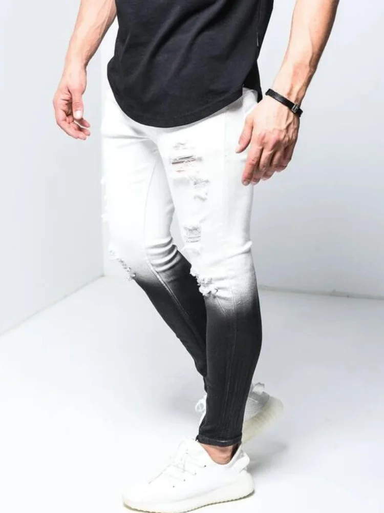 

Men Skinny Jeans Ripped Hole Casual Denim Pant Full Lenght Pencil Pants Slim Big Size Solid Cotton Stretch Man Distressed Jeans
