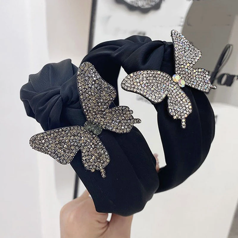

Top Quality Butterfly Rhinestone Wide Head Hoop Fashion Women Hair Accessories Retro Elegant Plaid Center Knot Headwear
