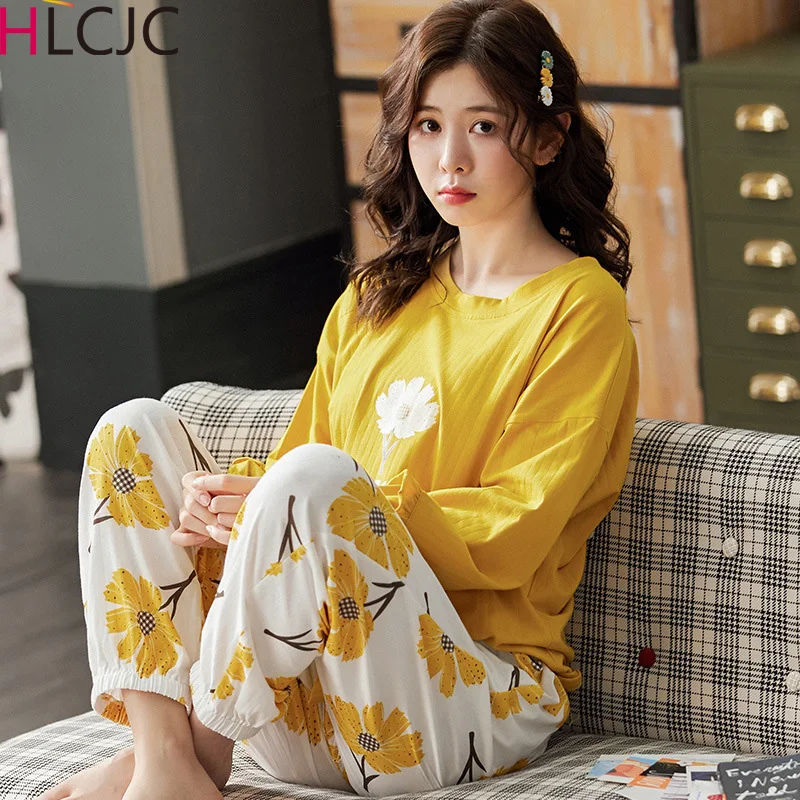Осенний хлопковый пижамный комплект с маргаритками женские пижамы одежда для