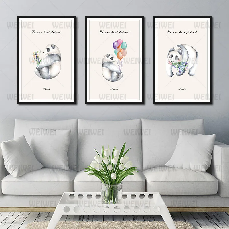 

Cartoon Style Mural Flower Panda and Balloon Frameless Poster Home Bedroom Fresco Living Room Decoration Canvas Painting Print