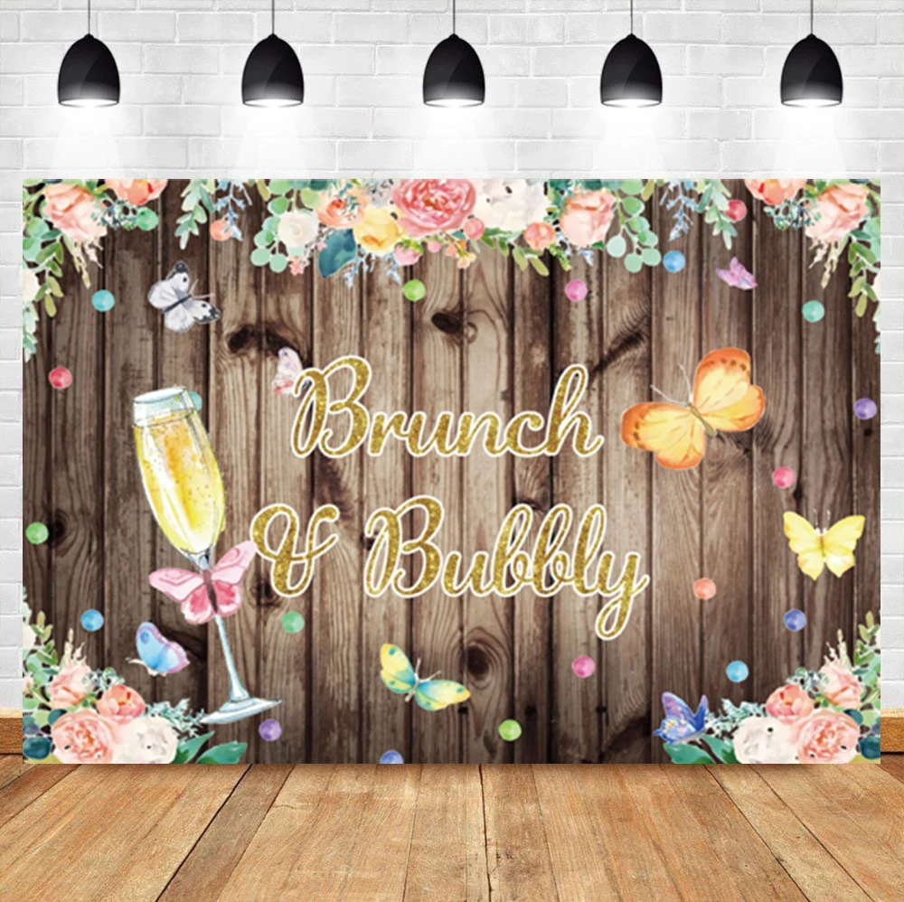 

Laeacco Brunch Bubbly Wooden Board Flower Wall Baby Birthday Custom Photo Photography Backdrop Photo Background For Photo Studio