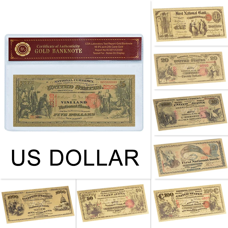 1875 год, доллар США, поддельные бумажные деньги, золотые банкноты с рамкой COA, американские билетные банкноты, Подарочный товар, Прямая поставка