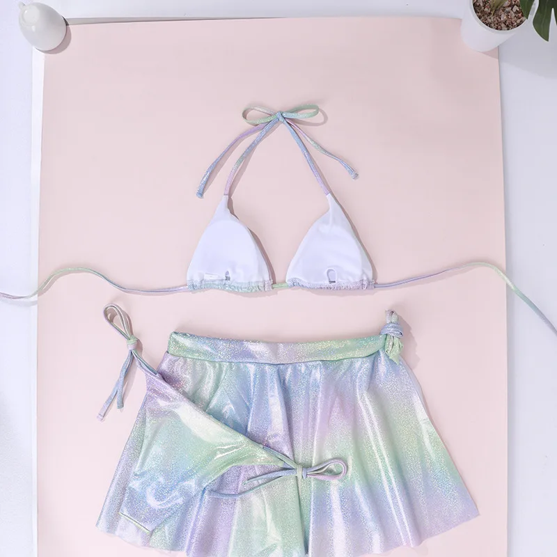

Ellolace Die Dye Swimsuit Women Suits With Skirt 3 Piece Set Women's Bathing Suits Sexy Swimwear Lace up Halter Bikini Set