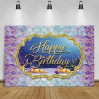laeacco mermaid purple fish scales gold giltters girl happy birthday party photography backdrop portrait customized background