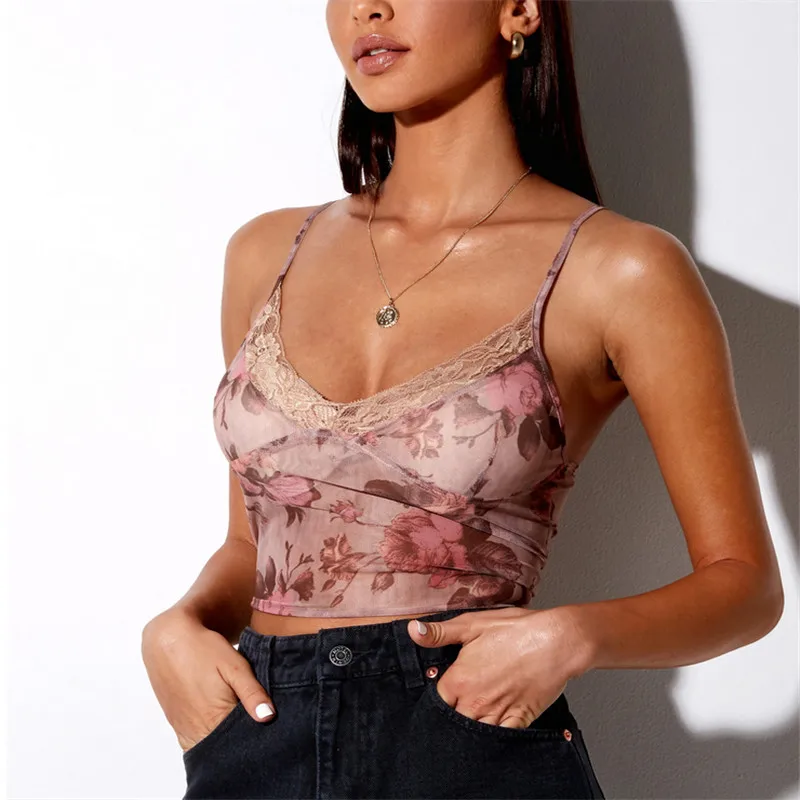 

Sexy Women's Camisole Sexy Lace Floral Print Sleeveless Sling Crop Top Clothing for Travelling Holiday Dating Party Shopping