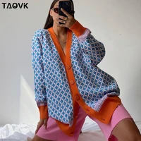 taovk womens knitting cardigans sweater diamond pattern color contrast loose casual knitted cardigan jacket